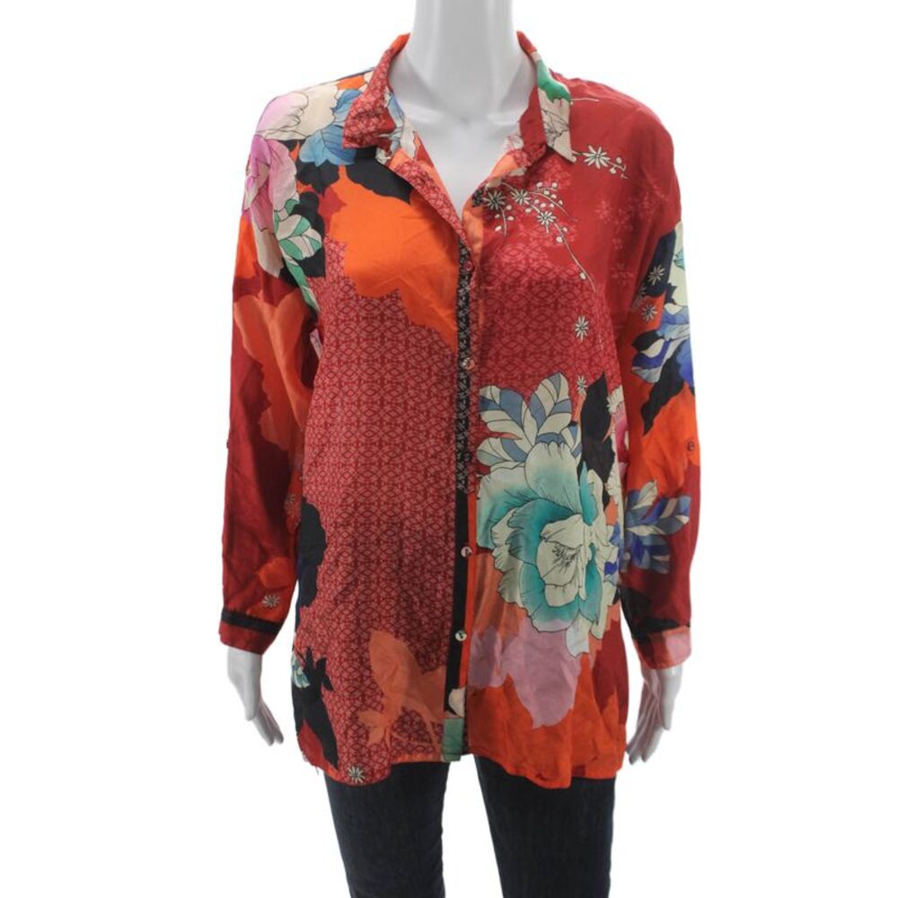 Johnny Was Womens Tunic Blouse Multicolor Silk Floral Long Sleeve Size XS